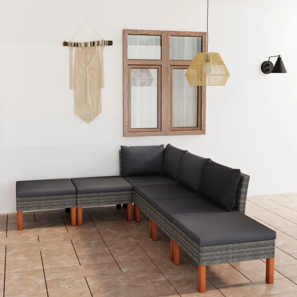 6 pcs conjunto lounge de jardim com almofadões vime PE cinzento em Ferro Forjado