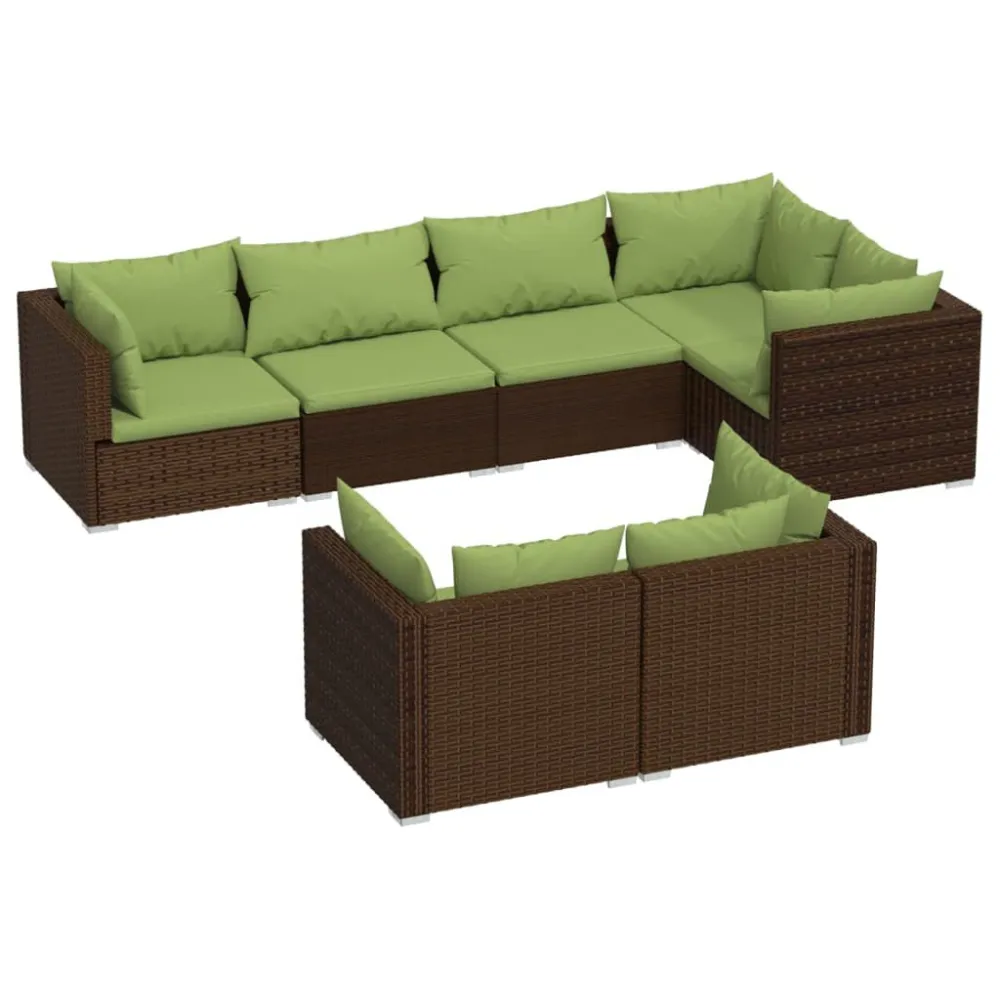 7 pcs conjunto lounge jardim com almofadões vime PE castanho com Apoio para Bebidas