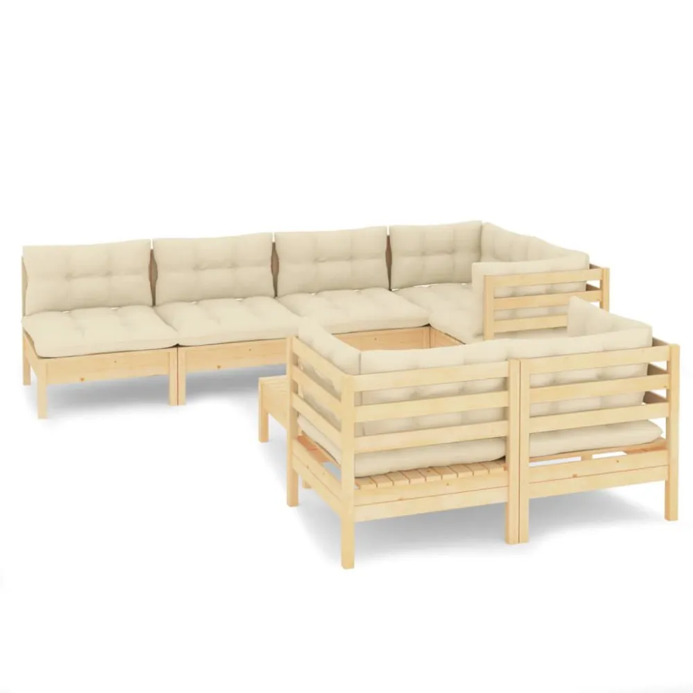 8 pcs conjunto lounge jardim com almofadões creme pinho maciço para Piscina e Jardim