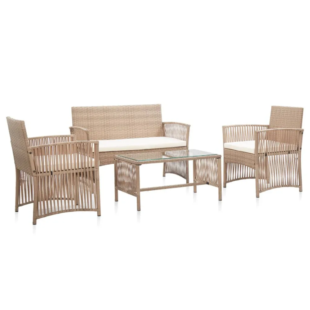 4 pcs conjunto lounge jardim com almofadões vime PE bege | Resistente à Chuva | Confortável