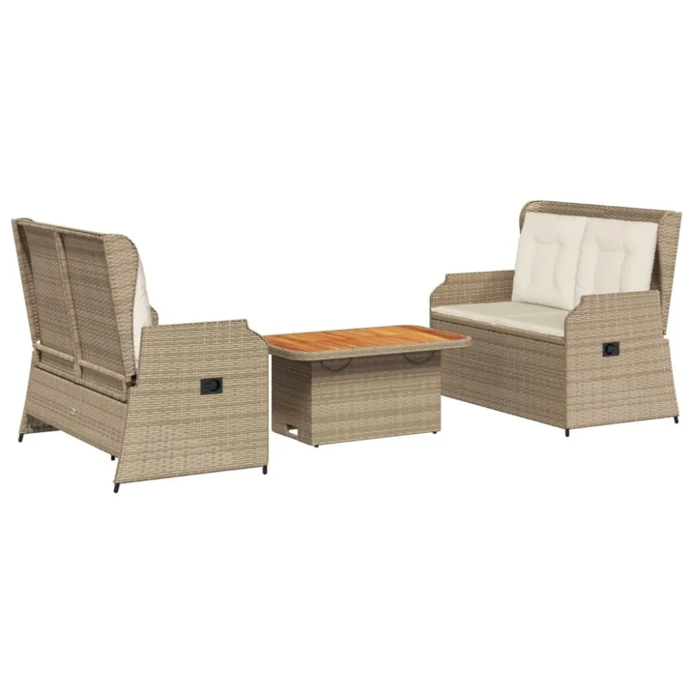 3 pcs conjunto lounge de jardim com almofadões vime PE bege Fácil de Guardar