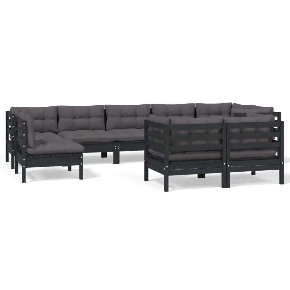 9 pcs conjunto lounge jardim com almofadões pinho maciço preto para Relaxamento ao Ar Livre
