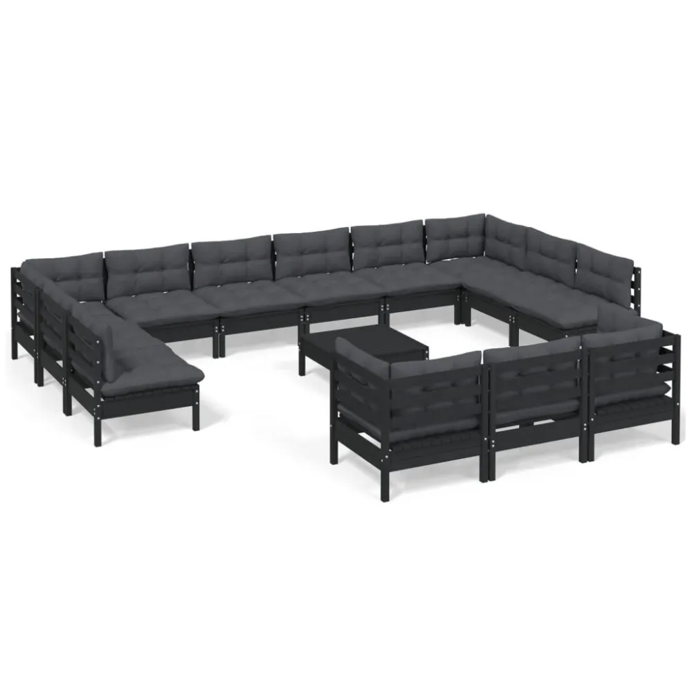 14 pcs conjunto lounge de jardim com almofadões pinho preto para Piscina e Jardim