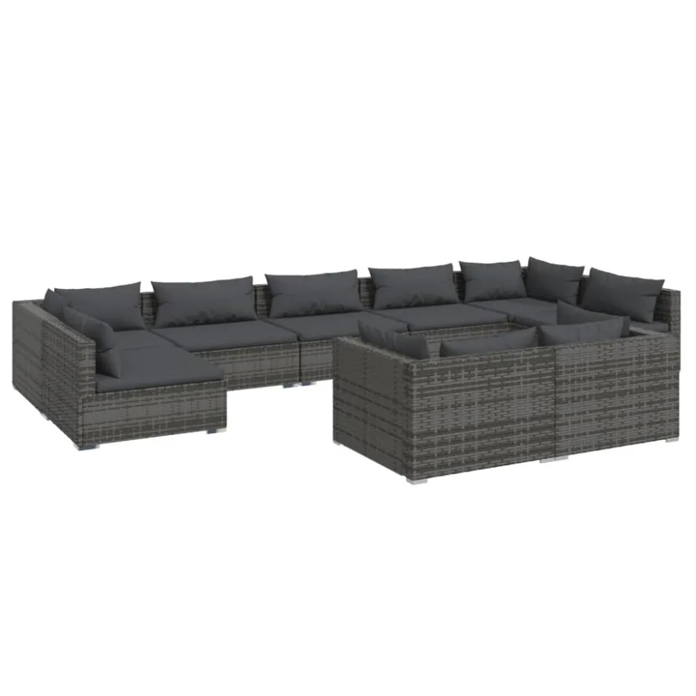 9 pcs conjunto lounge de jardim com almofadões vime PE cinzento para Relaxamento ao Ar Livre