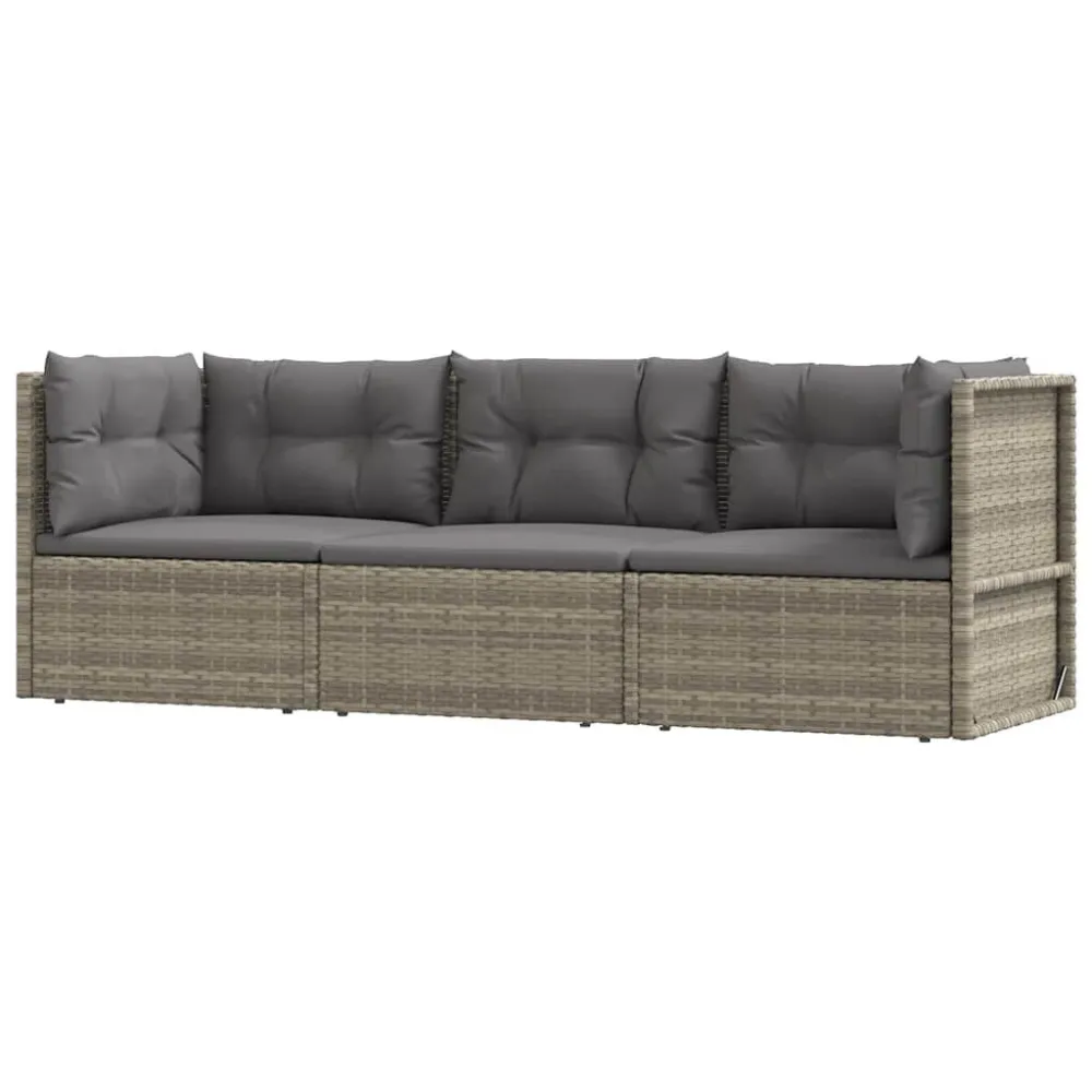 3 pcs conjunto lounge de jardim com almofadões vime PE cinzento com Tecido Impermeável UV