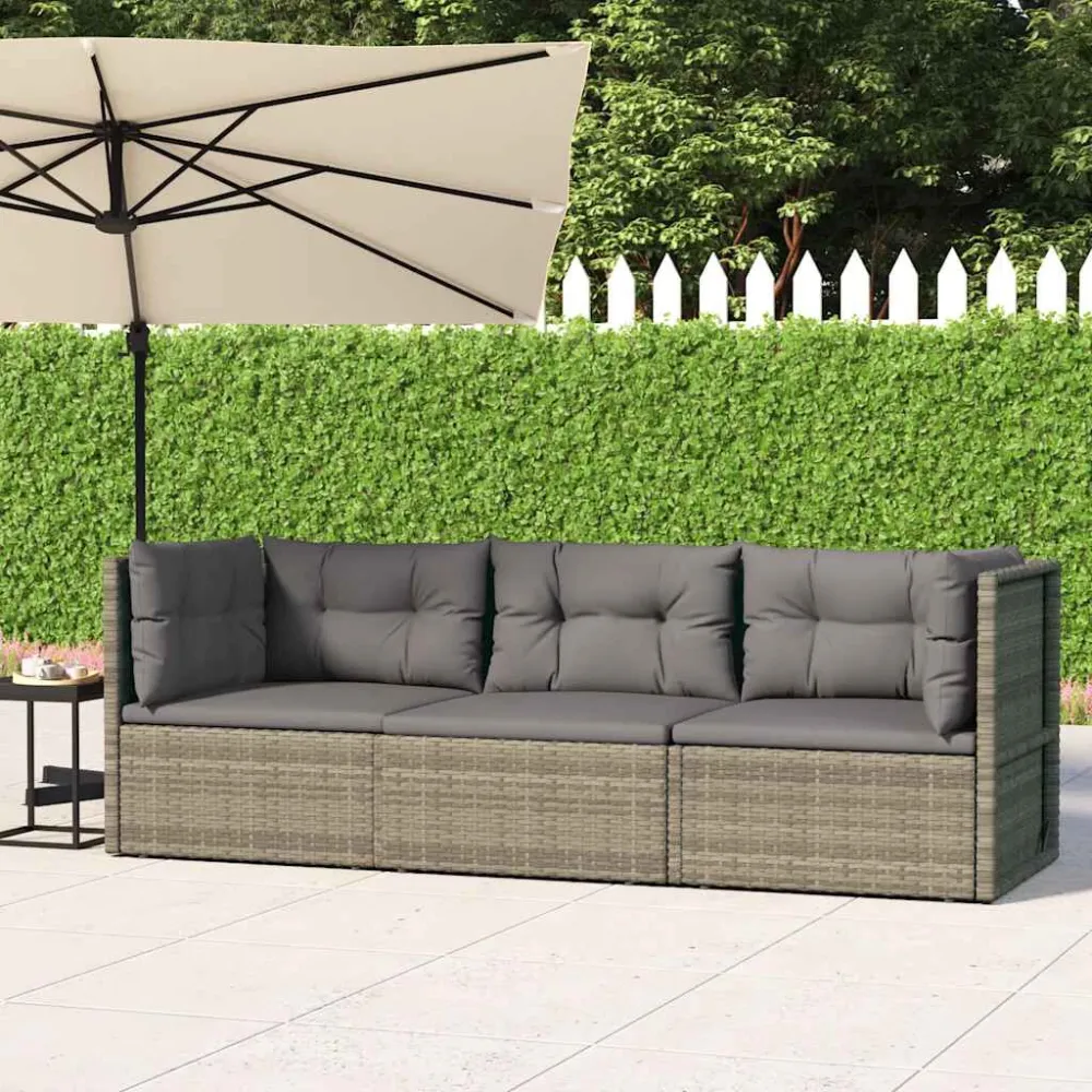 3 pcs conjunto lounge de jardim com almofadões vime PE cinzento com Tecido Impermeável UV