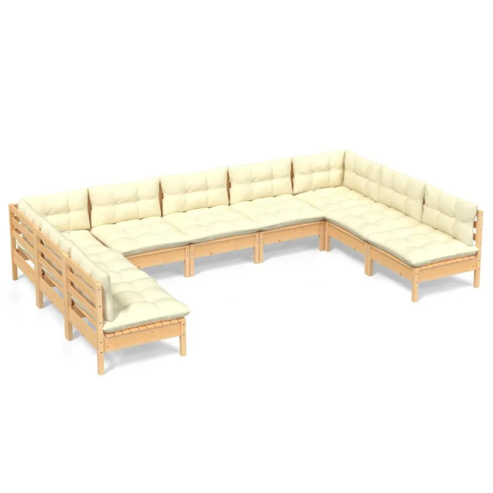 9 pcs conjunto lounge jardim com almofadões creme pinho maciço para Relaxamento ao Ar Livre