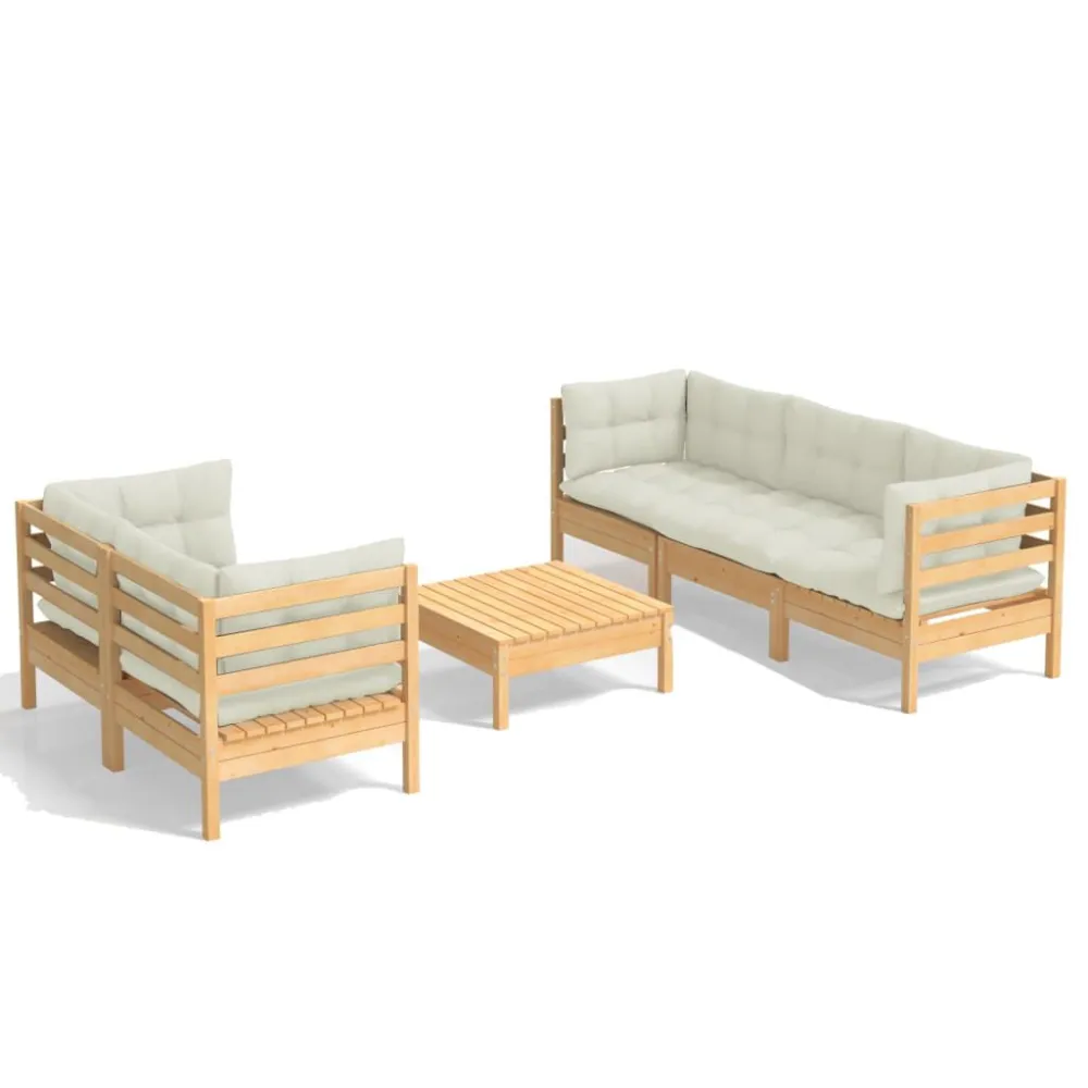 6 pcs conjunto lounge jardim com almofadões cor creme pinho Fácil de Guardar