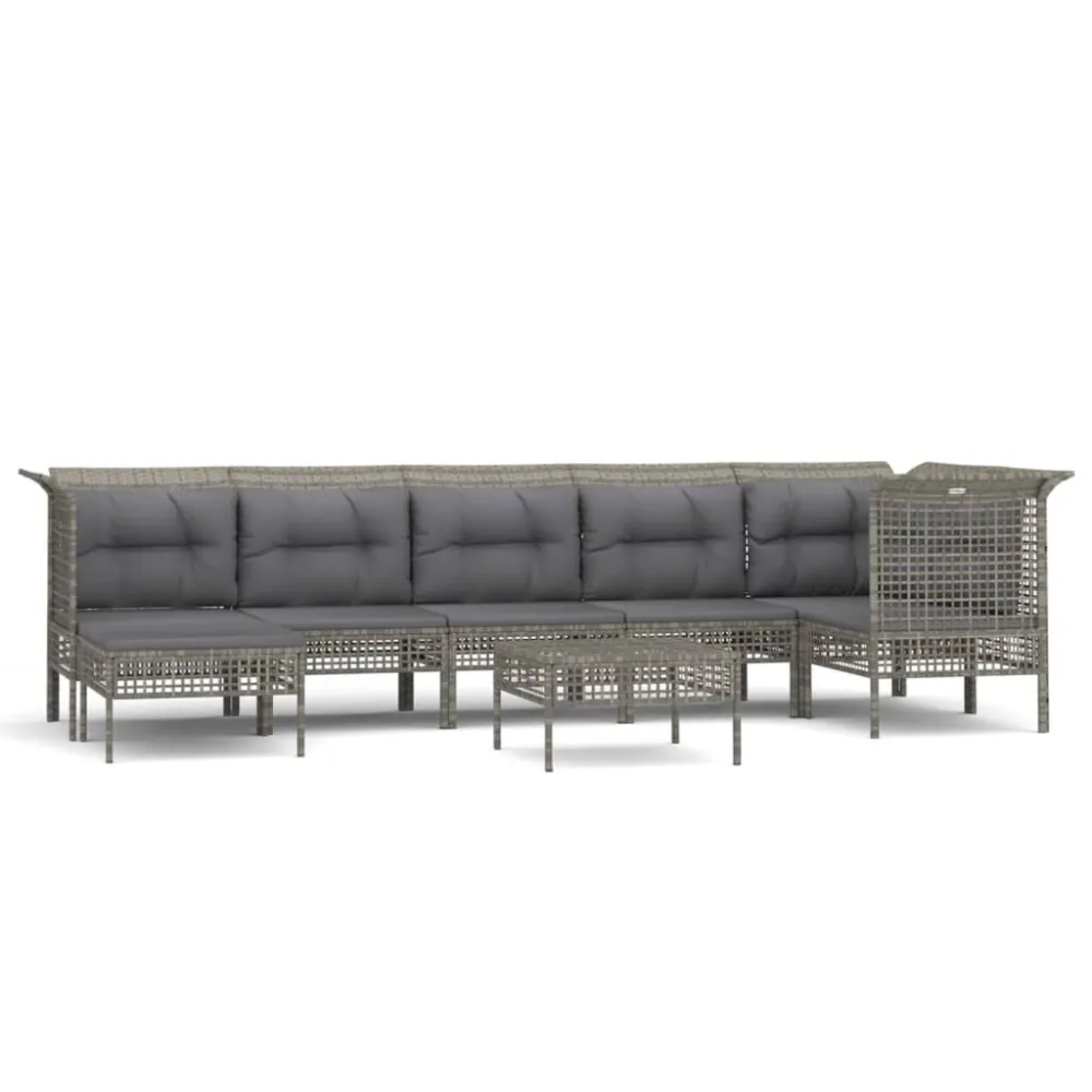 8 pcs conjunto lounge de jardim com almofadões vime PE cinzento Dobrável e Portátil