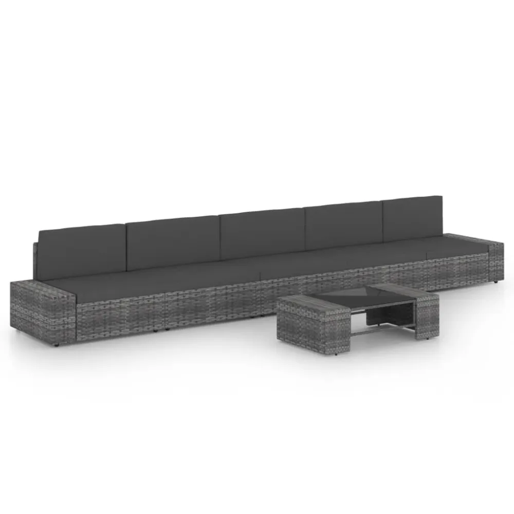 6 pcs conjunto lounge de jardim com almofadões vime PE cinzento com Revestimento em Textilene