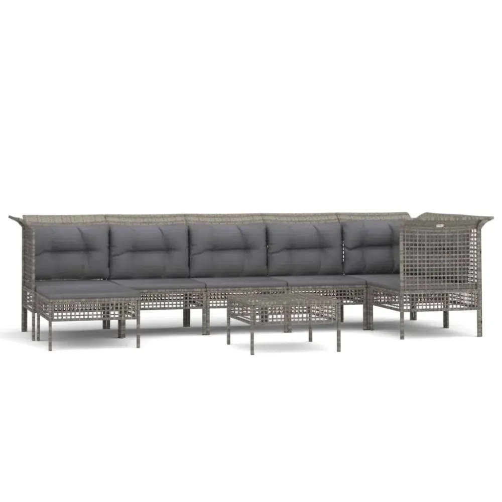 8 pcs conjunto lounge de jardim com almofadões vime PE cinzento Dobrável e Portátil