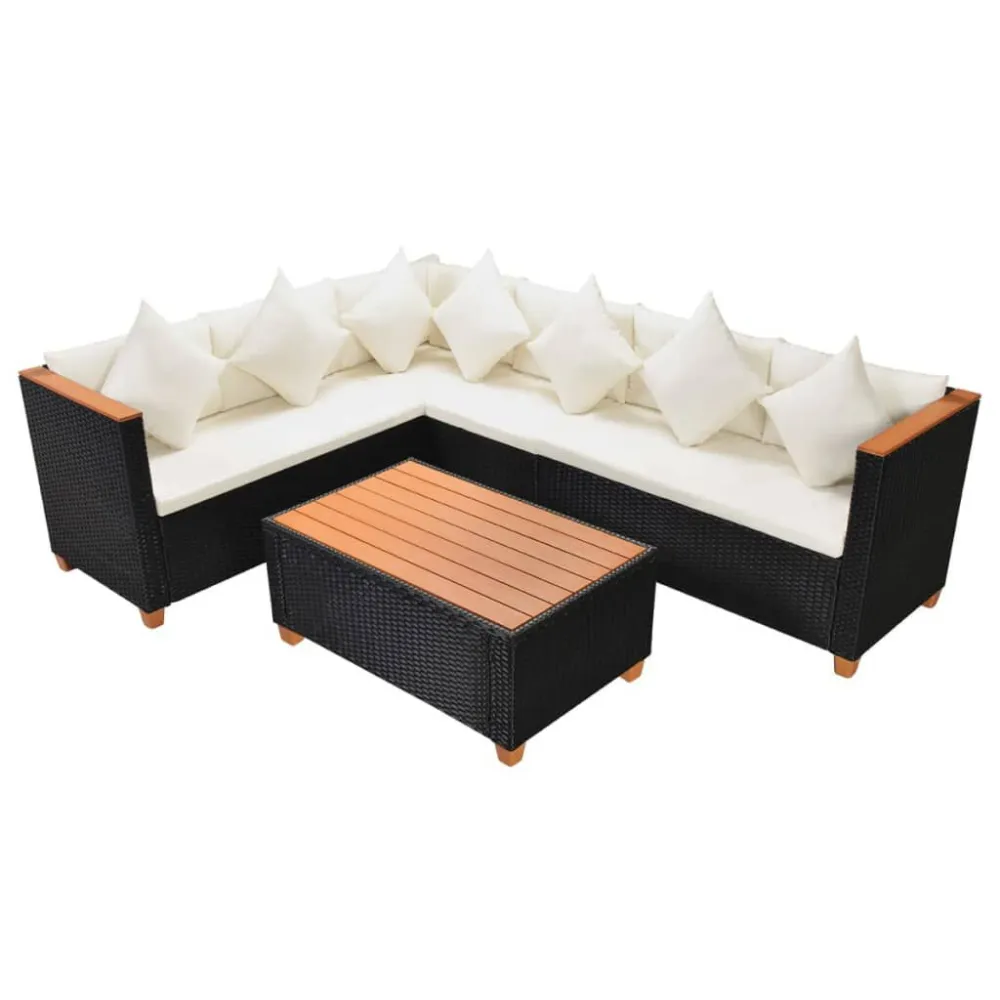 4 pcs conjunto lounge de jardim com almofadões vime PE preto com Encosto Ajustável