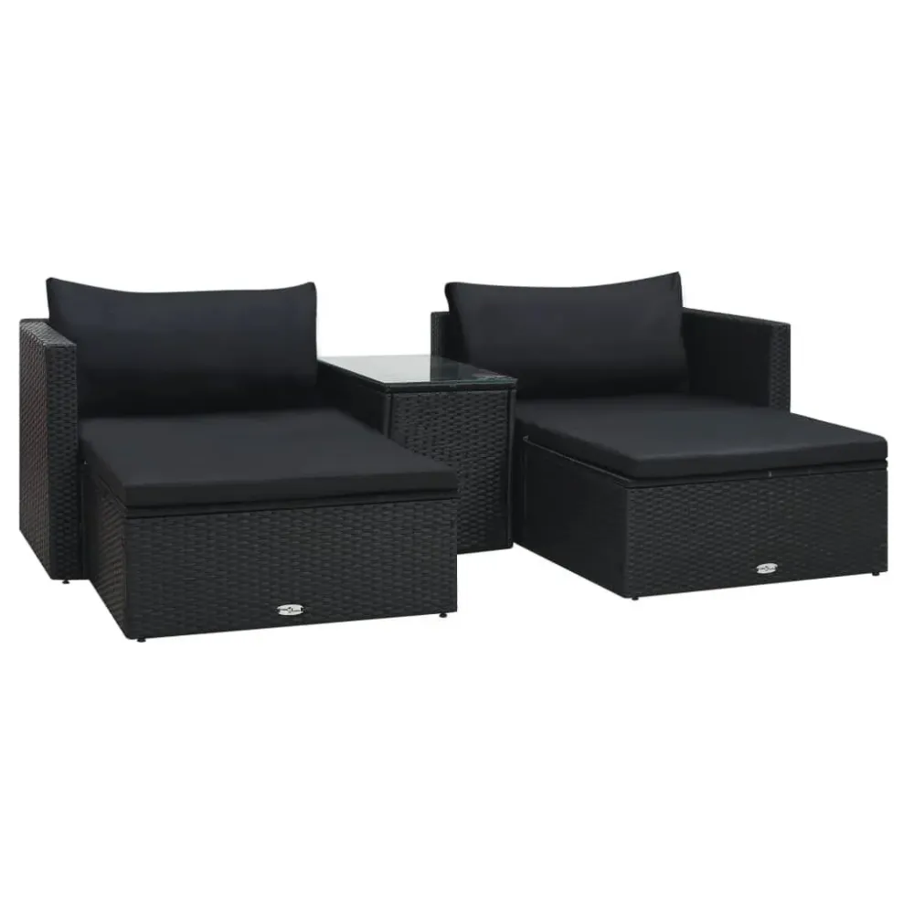 5 pcs conjunto lounge de jardim com almofadões vime PE preto Dobrável e Portátil