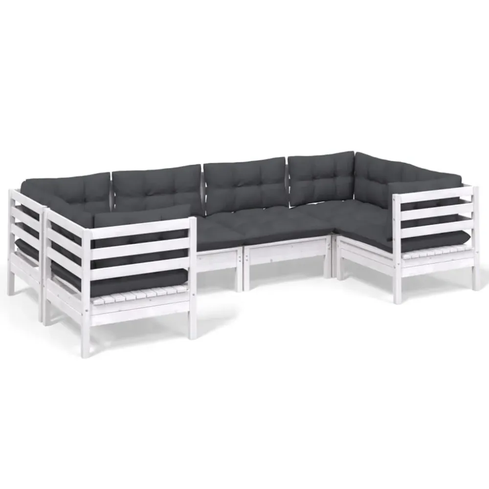 6 pcs conjunto lounge de jardim com almofadões pinho branco | Montagem Fácil e Rápida