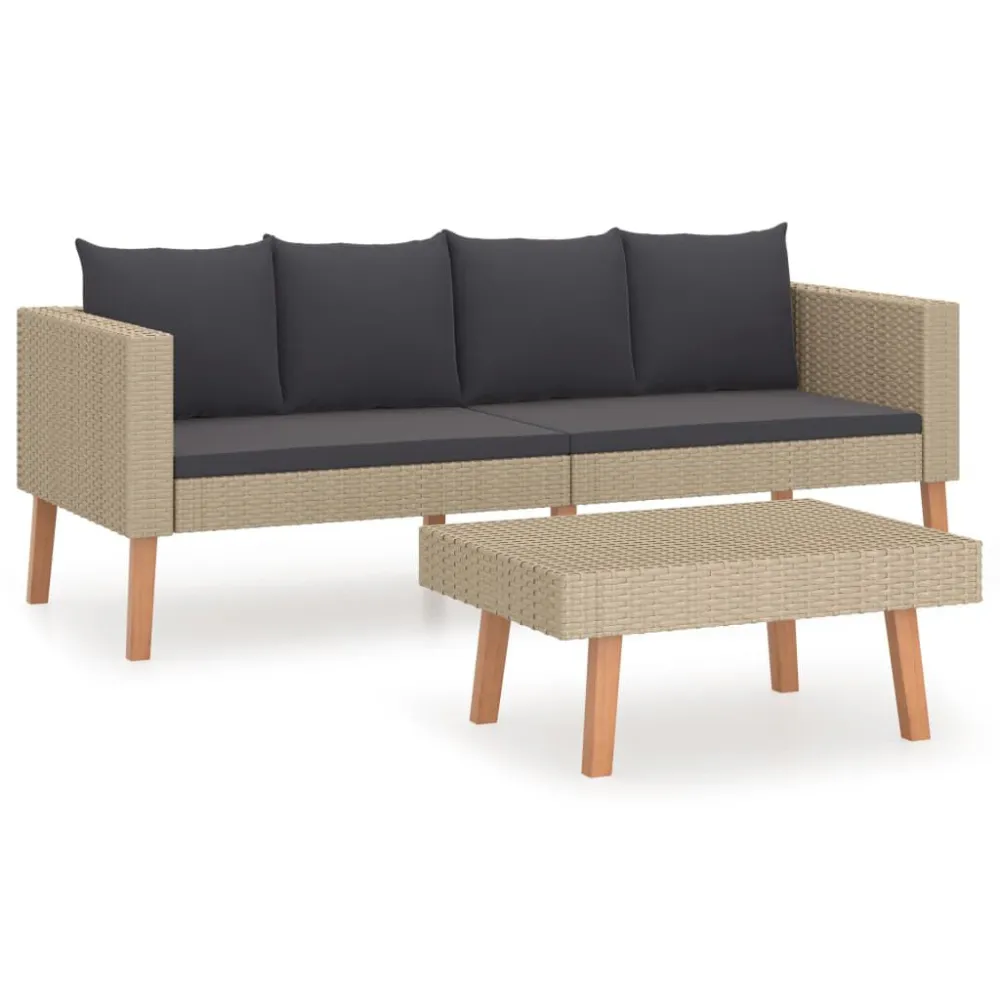 2 pcs conjunto lounge de jardim com almofadões vime PE bege com Revestimento em Textilene