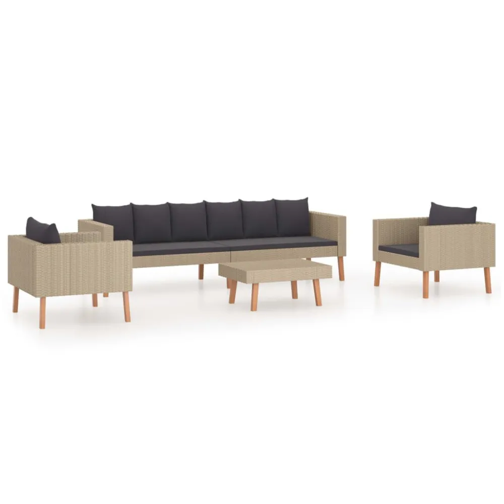 4 pcs conjunto lounge de jardim com almofadões vime PE bege em Ferro Forjado