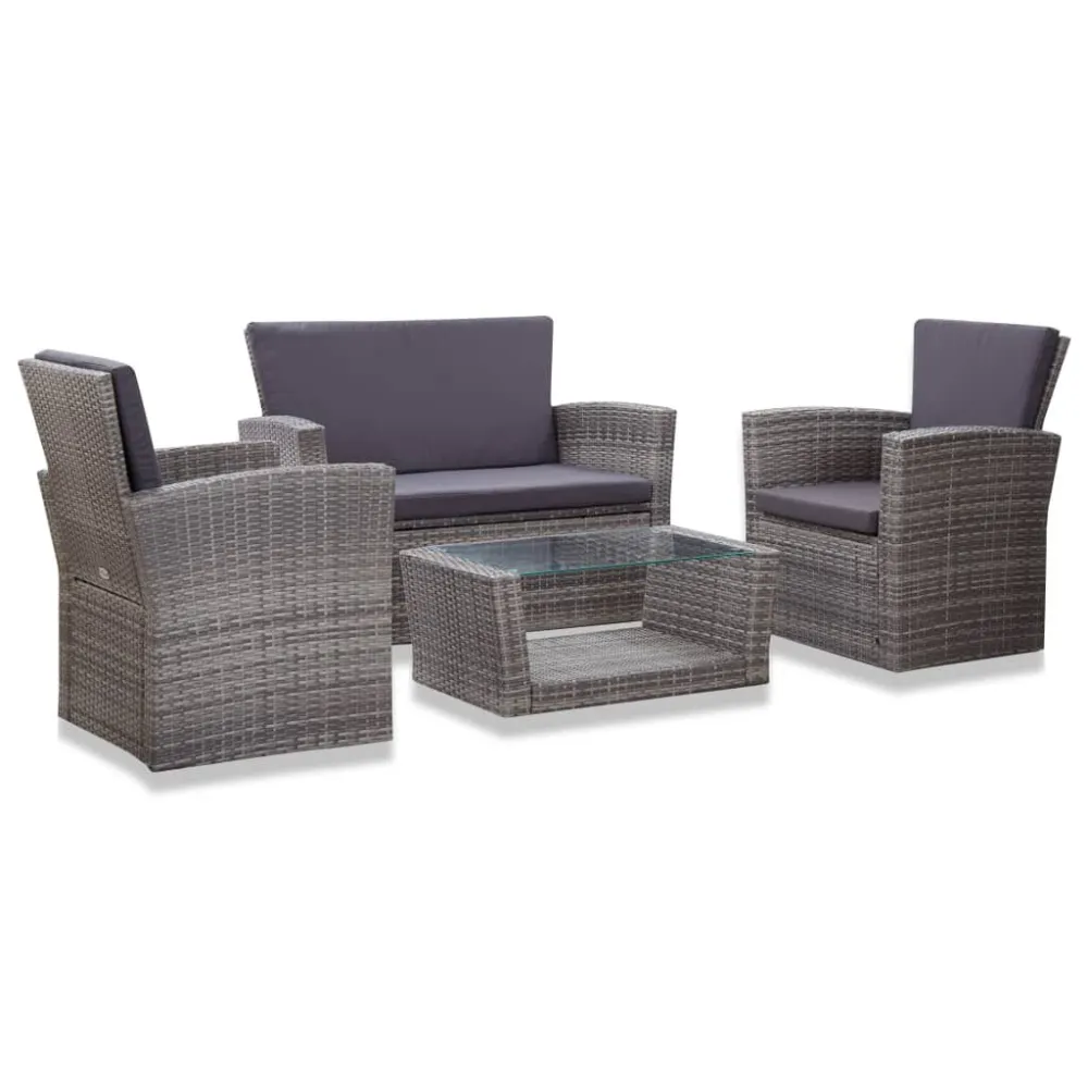4 pcs conjunto lounge de jardim com almofadões vime PE cinzento Dobrável e Portátil