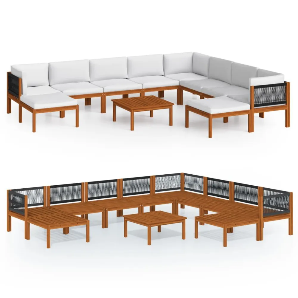 11 pcs conjunto lounge jardim com almofadões acácia maciç creme Dobrável e Portátil