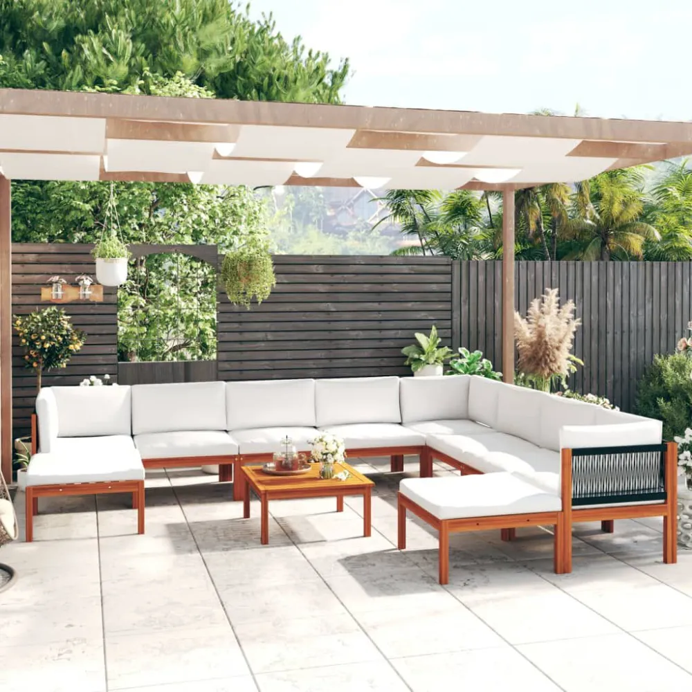 11 pcs conjunto lounge jardim com almofadões acácia maciç creme Dobrável e Portátil