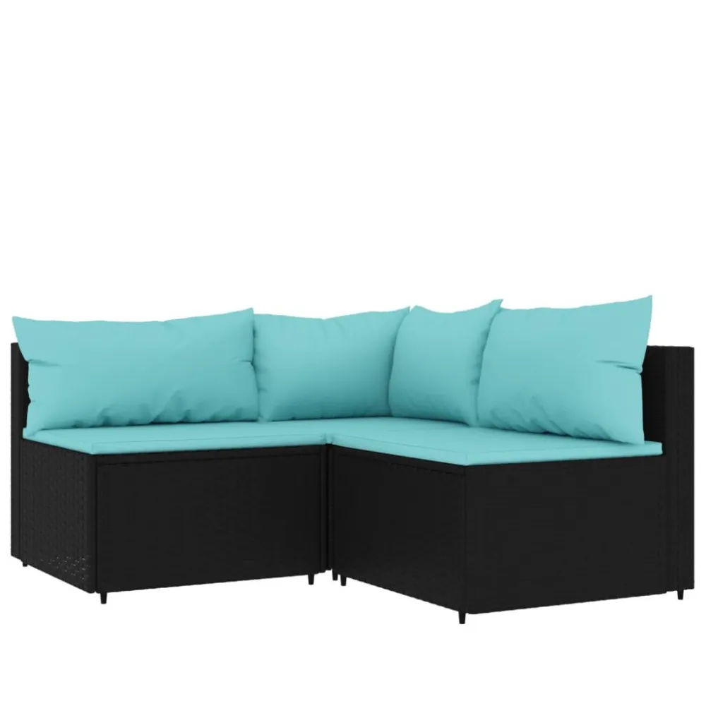 3 pcs conjunto lounge de jardim com almofadões vime PE preto para Piscina e Jardim