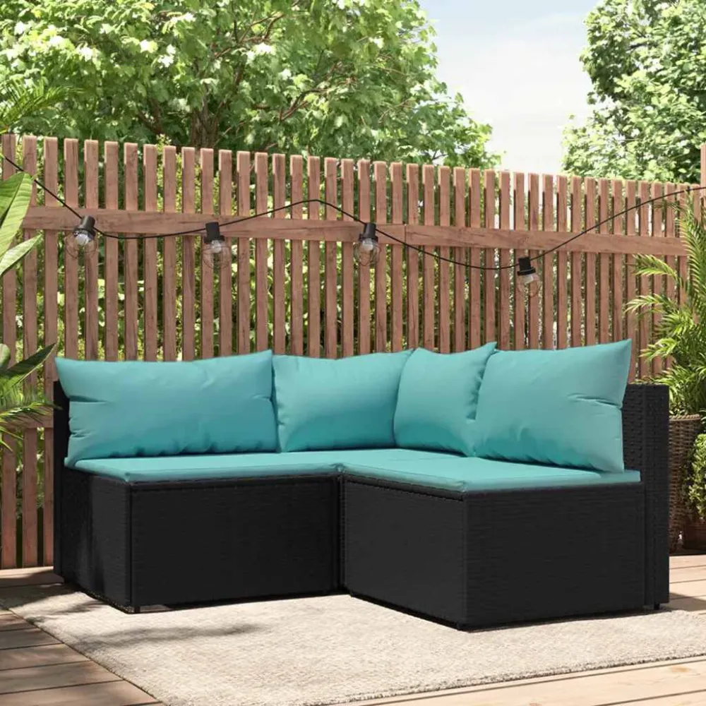 3 pcs conjunto lounge de jardim com almofadões vime PE preto para Piscina e Jardim