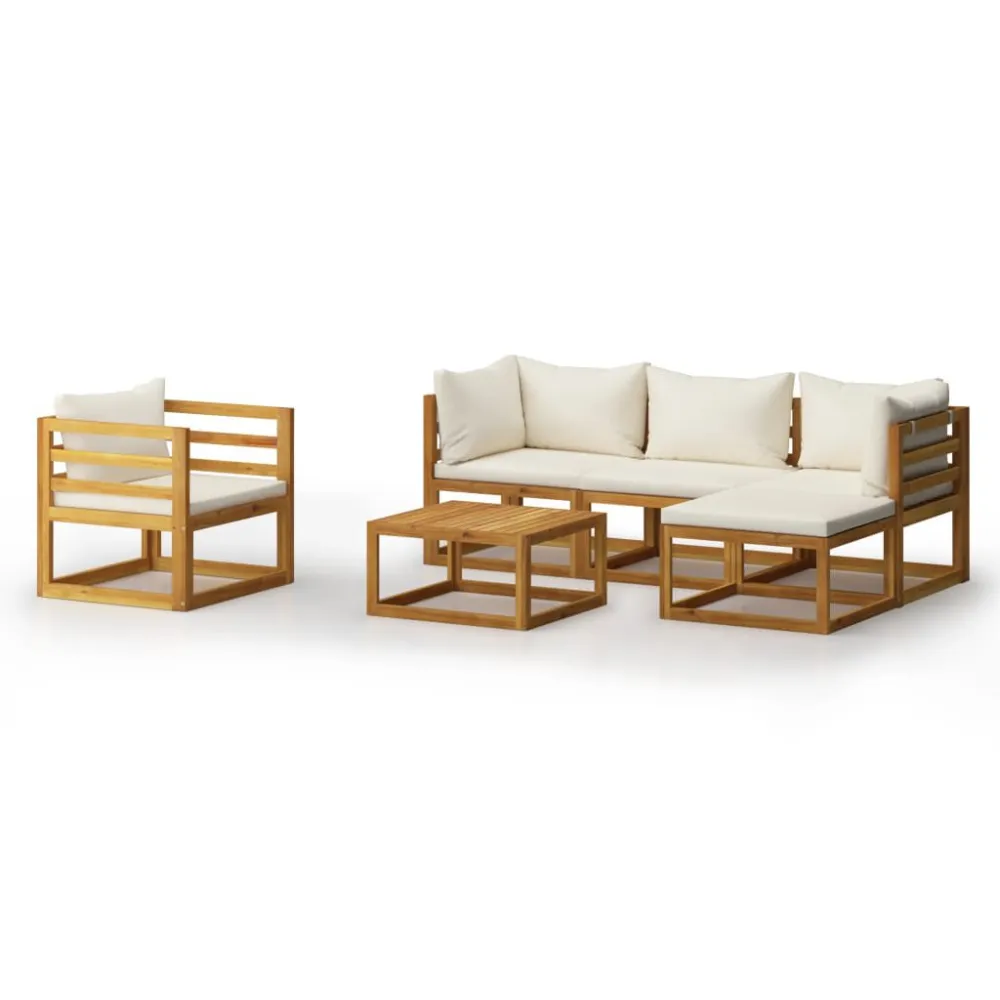 6 pcs conjunto lounge jardim com almofadões acácia maciç creme | Resistente à Chuva | Confortável