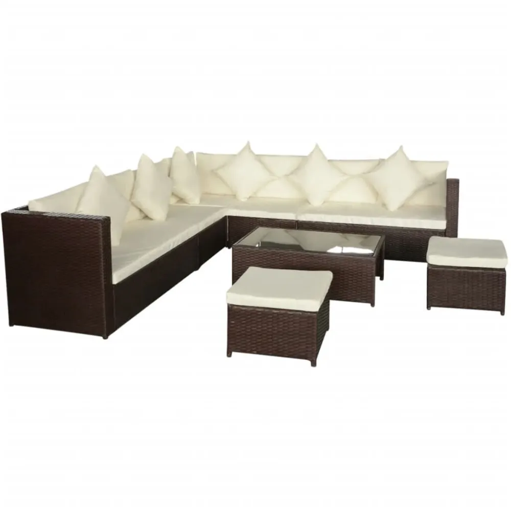 8 pcs conjunto lounge jardim com almofadões vime PE castanho com Tecido Impermeável UV