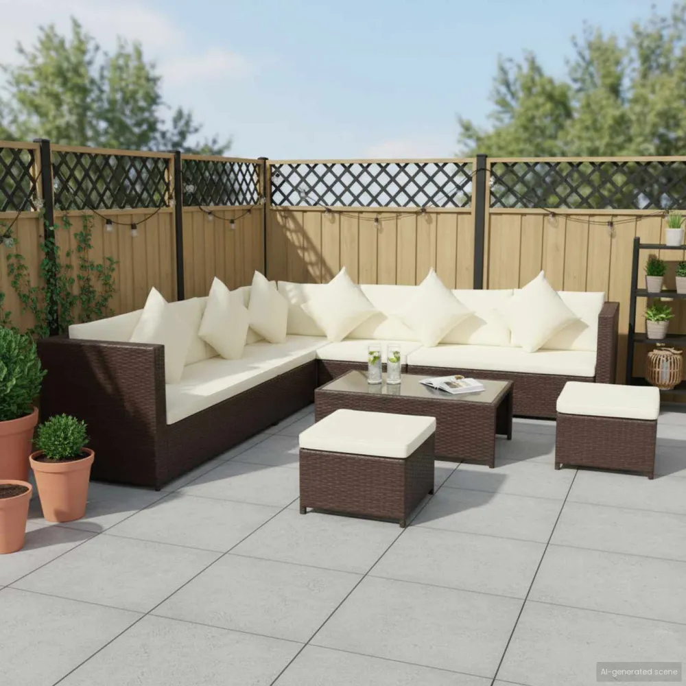 8 pcs conjunto lounge jardim com almofadões vime PE castanho com Tecido Impermeável UV