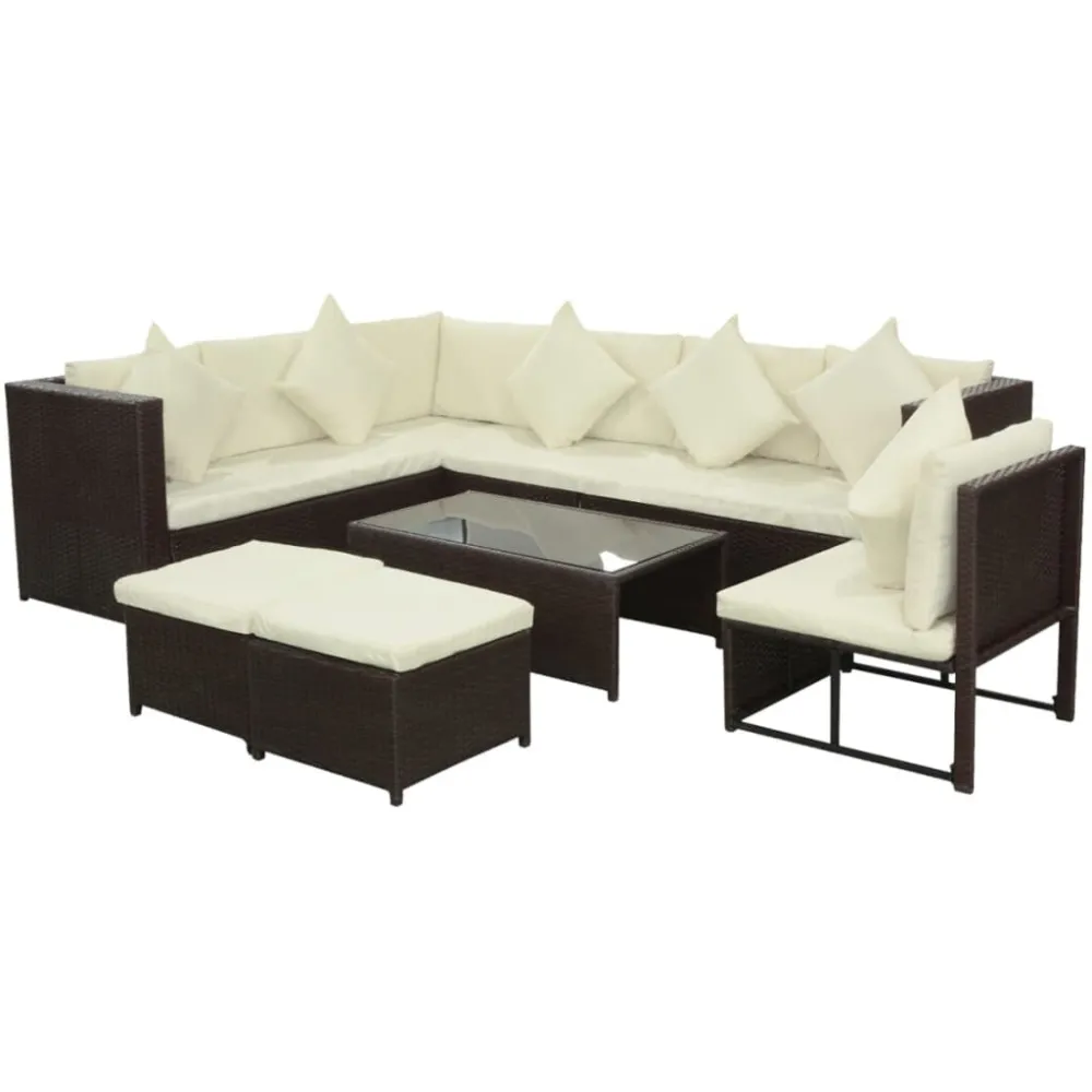 8 pcs conjunto lounge jardim com almofadões vime PE castanho com Tecido Impermeável UV