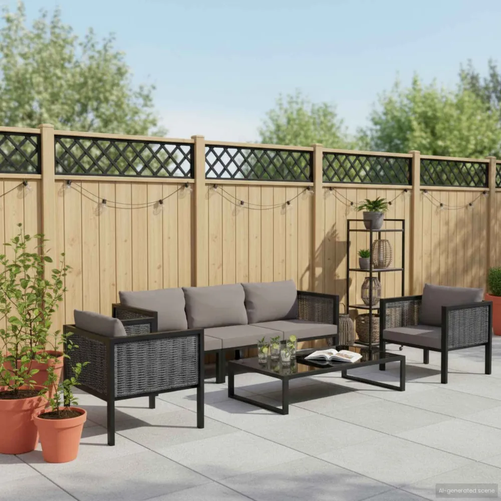 6 pcs conjunto lounge de jardim com almofadões vime PE antracite com Tecido Impermeável UV