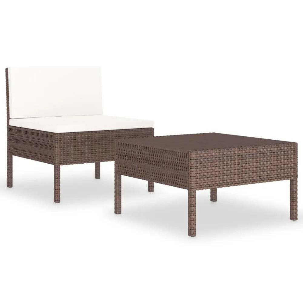 2 pcs conjunto lounge de jardim com almofadões vime PE castanho com Revestimento em Textilene