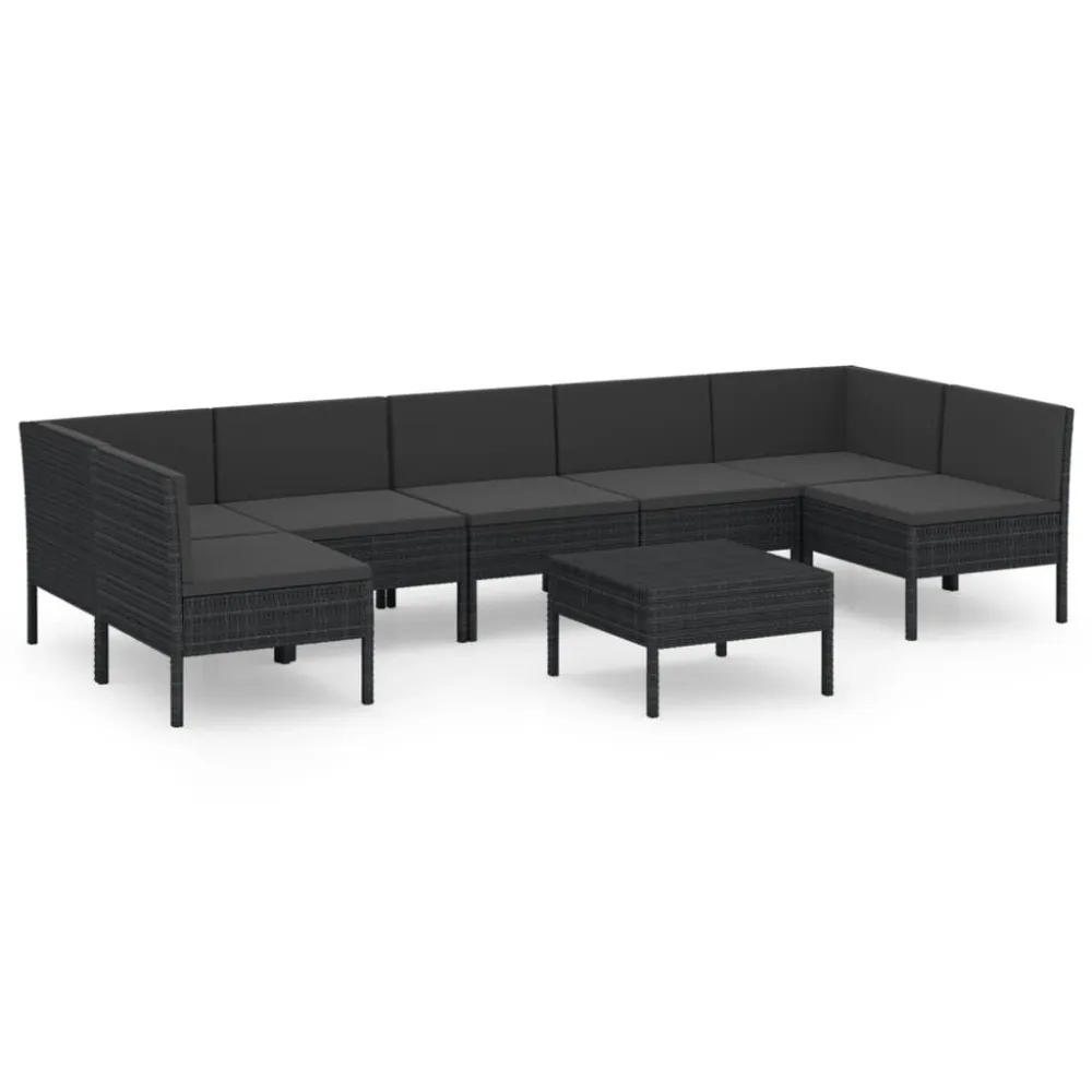 8 pcs conjunto lounge de jardim com almofadões vime PE preto para Relaxamento ao Ar Livre