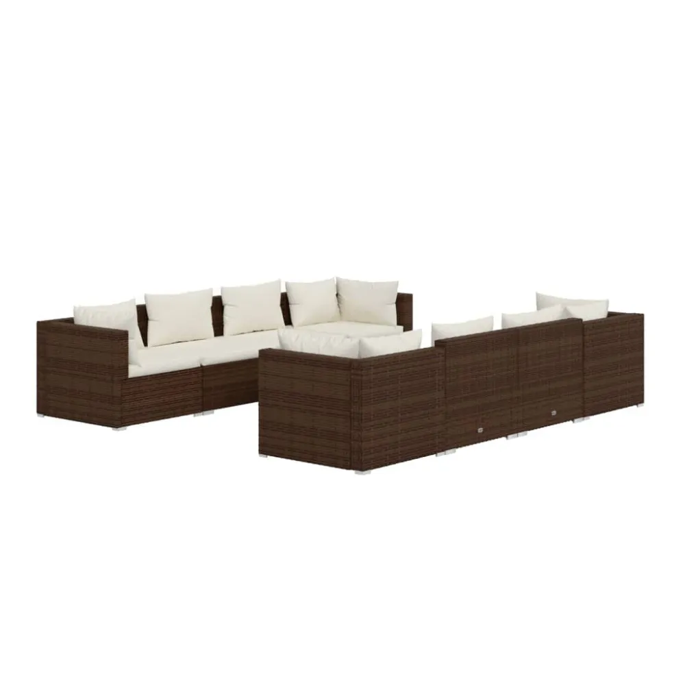 9 pcs conjunto lounge jardim com almofadões vime PE castanho com Revestimento em Textilene