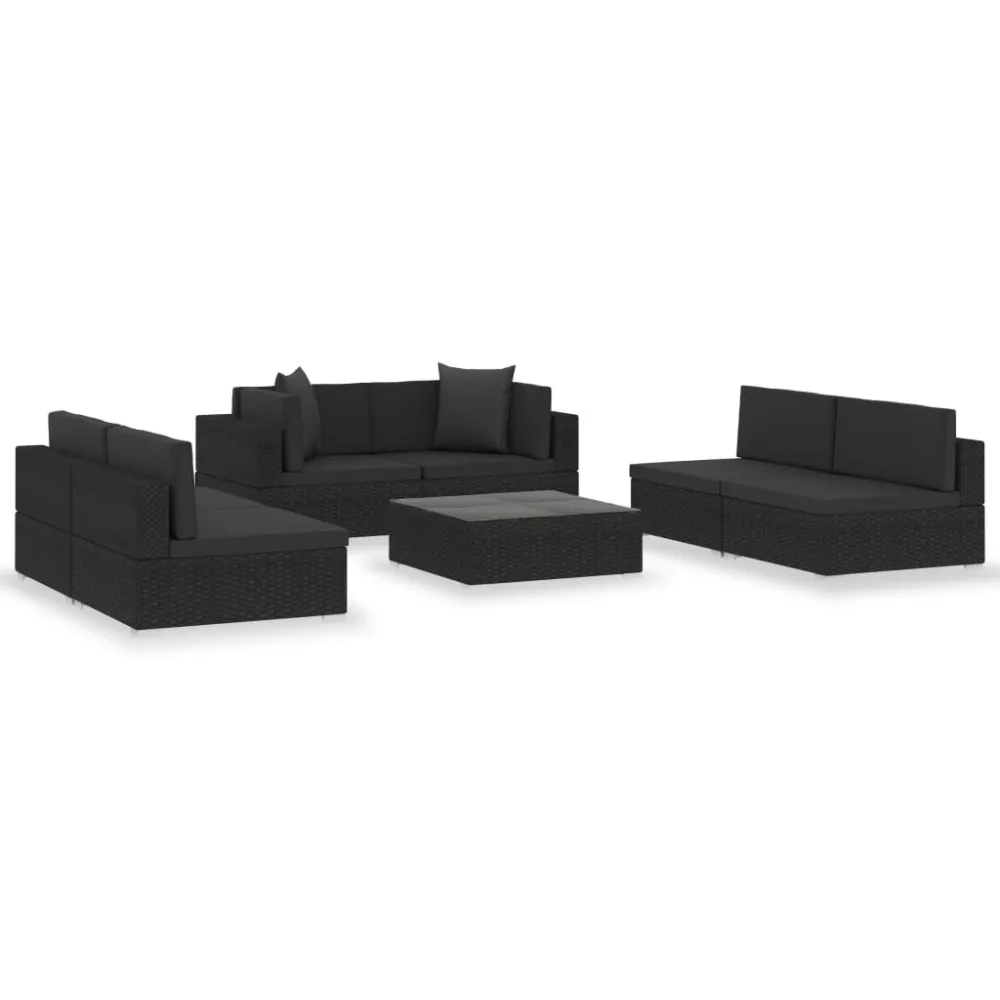 7 pcs conjunto lounge de jardim com almofadões vime PE preto Dobrável e Portátil