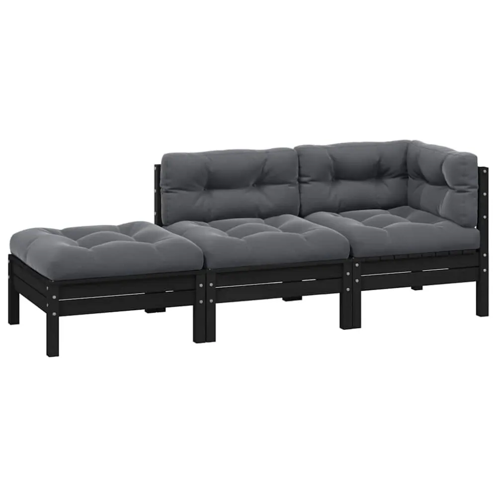 3 pcs conjunto lounge jardim com almofadões pinho maciço preto em Ferro Forjado