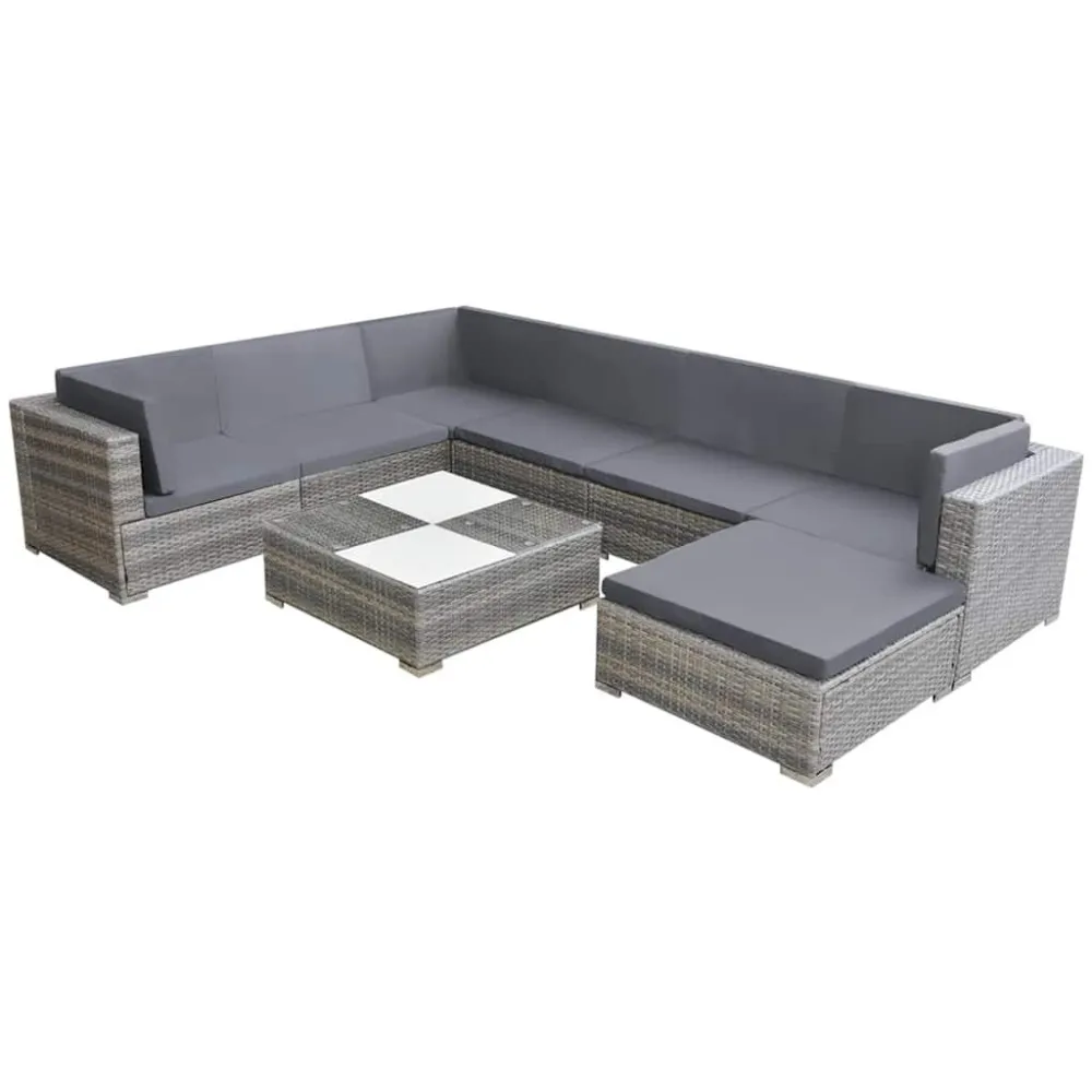 8 pcs conjunto lounge de jardim com almofadões vime PE cinzento com Apoio para Bebidas