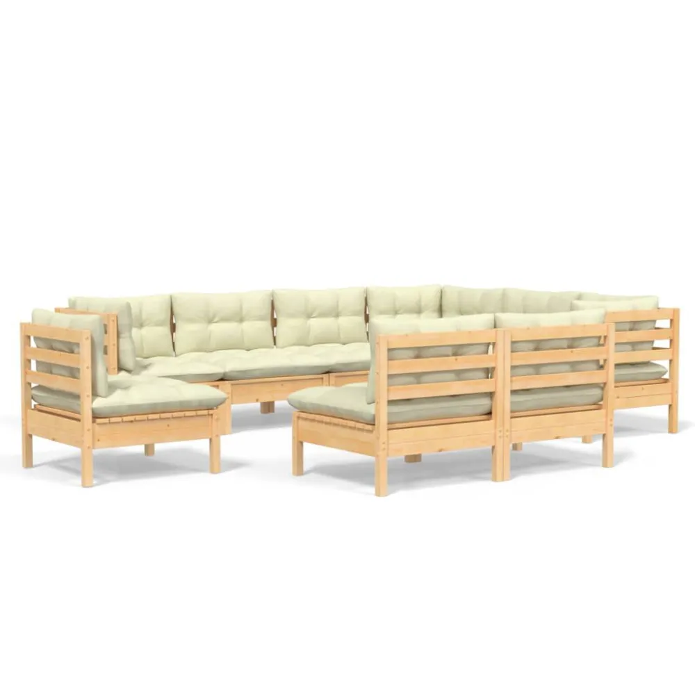 9 pcs conjunto lounge jardim com almofadões creme pinho maciço em Tecido Sunbrella