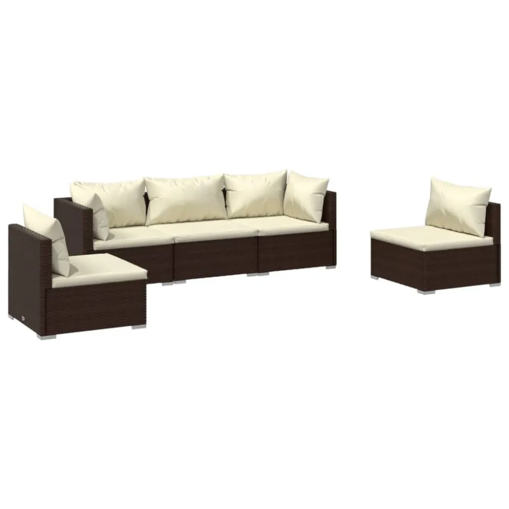 5 pcs conjunto lounge jardim com almofadões vime PE castanho com Revestimento em Textilene
