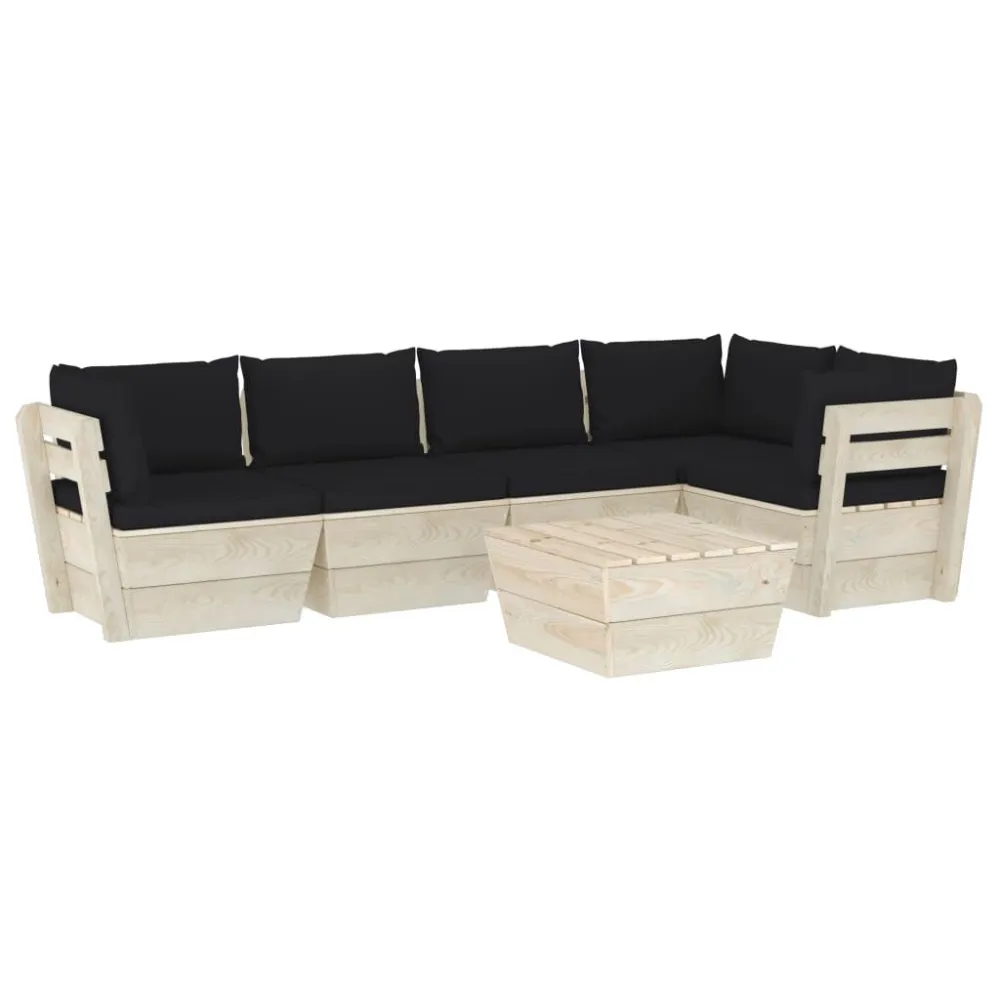 6 pcs conjunto lounge de paletes + almofadões madeira de abeto com Tecido Impermeável UV