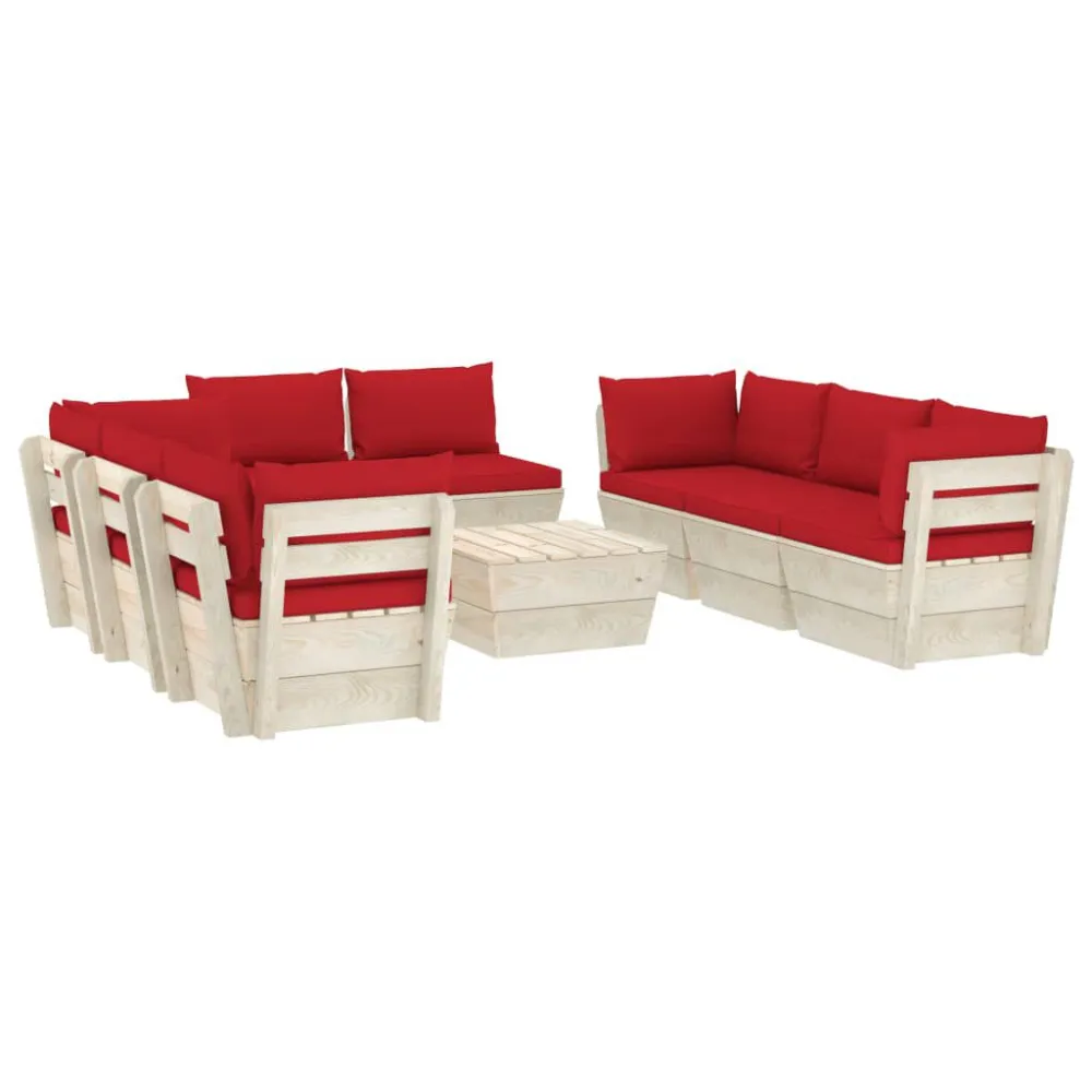 9 pcs conjunto lounge de paletes + almofadões madeira de abeto | Resistente à Chuva | Confortável