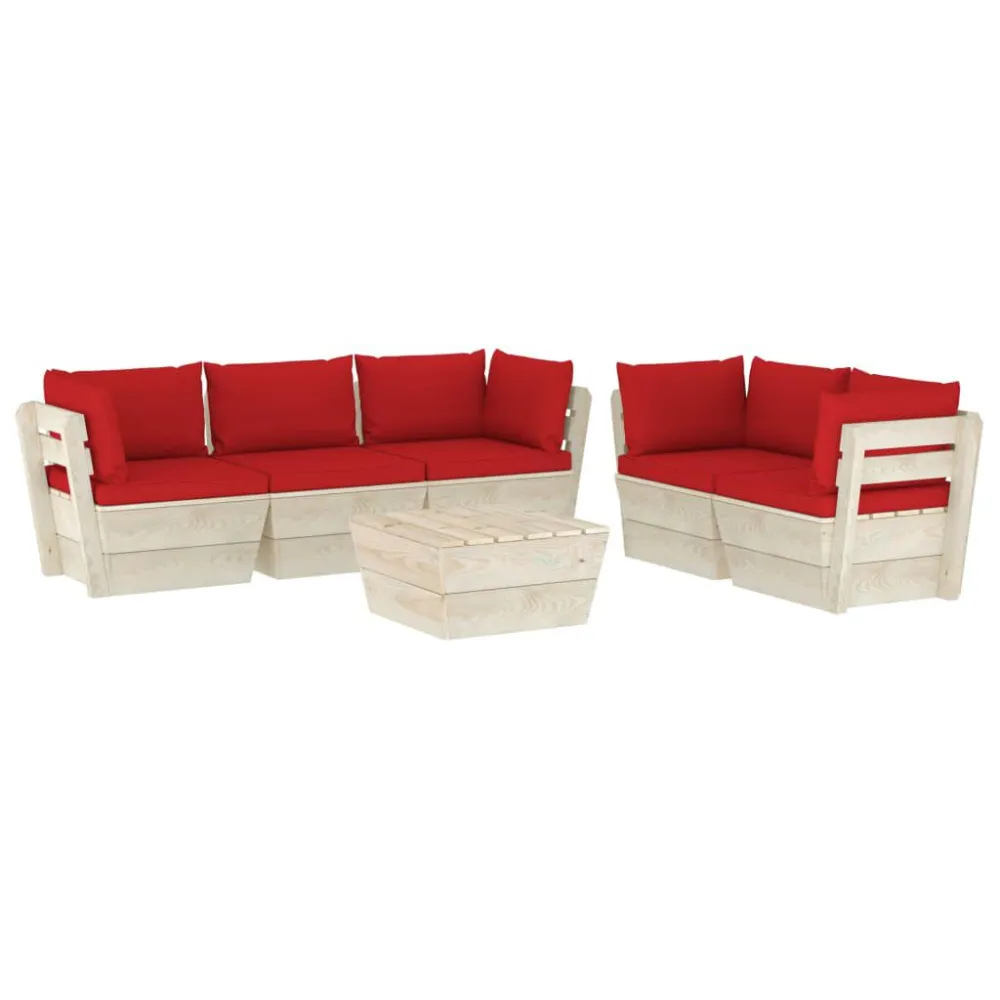 6 pcs conjunto lounge de paletes + almofadões madeira de abeto com Tecido Impermeável UV