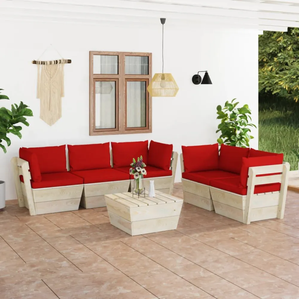 6 pcs conjunto lounge de paletes + almofadões madeira de abeto com Tecido Impermeável UV