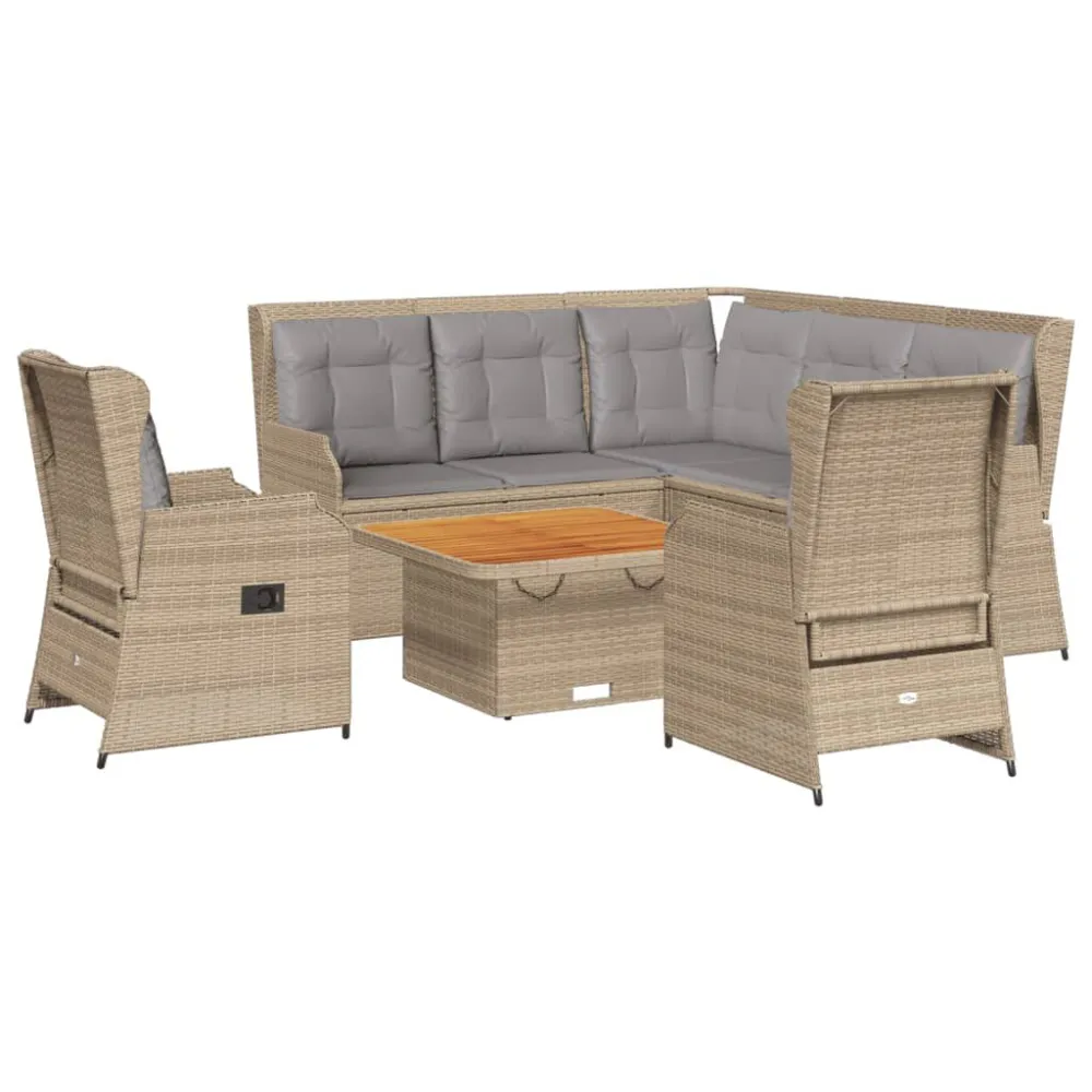 6 pcs conjunto lounge para jardim com almofadões vime PE bege Dobrável e Portátil