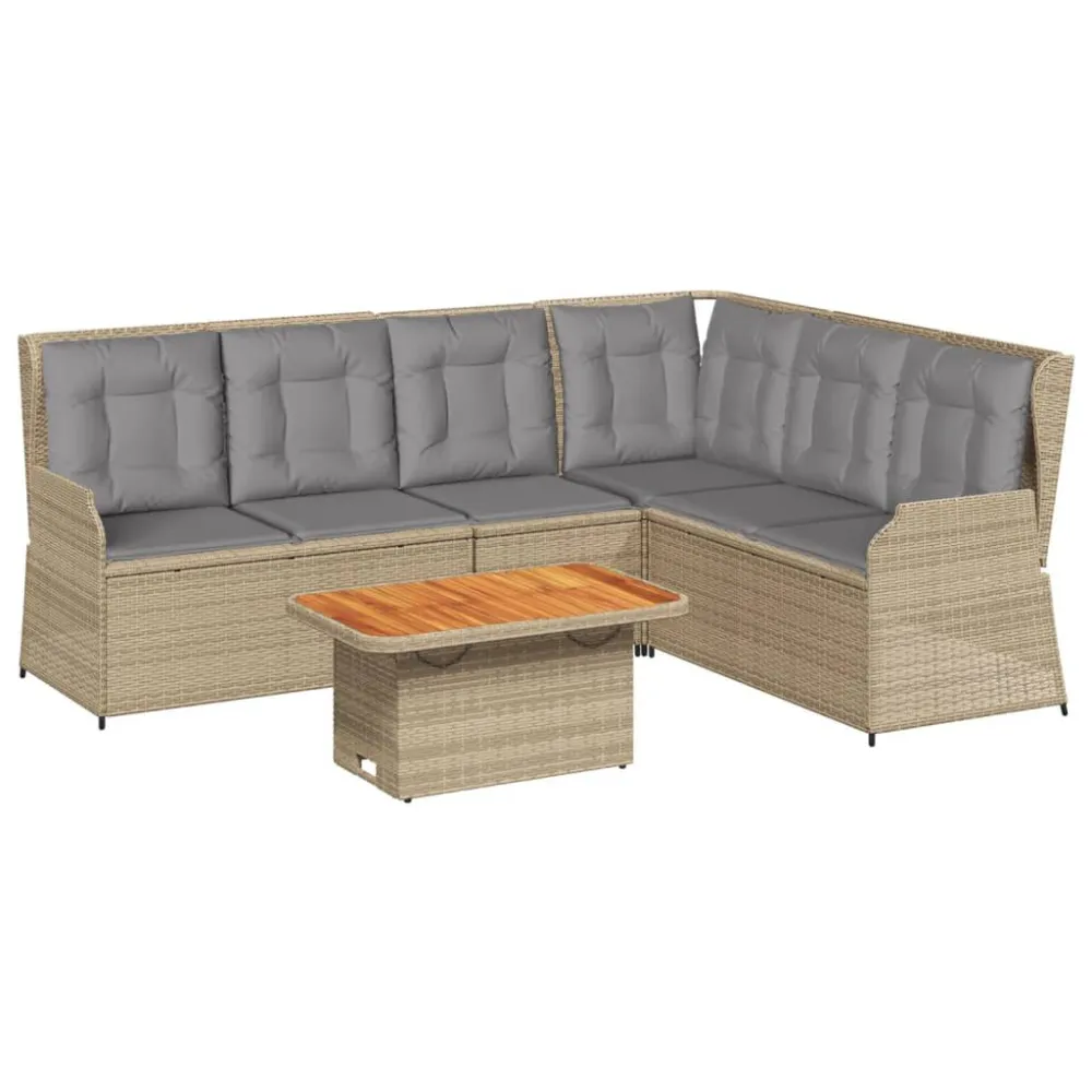 5 pcs conjunto lounge para jardim com almofadões vime PE bege em Tecido Sunbrella