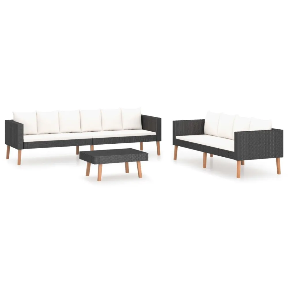 3 pcs conjunto lounge para jardim com almofadões vime PE preto em Ferro Forjado