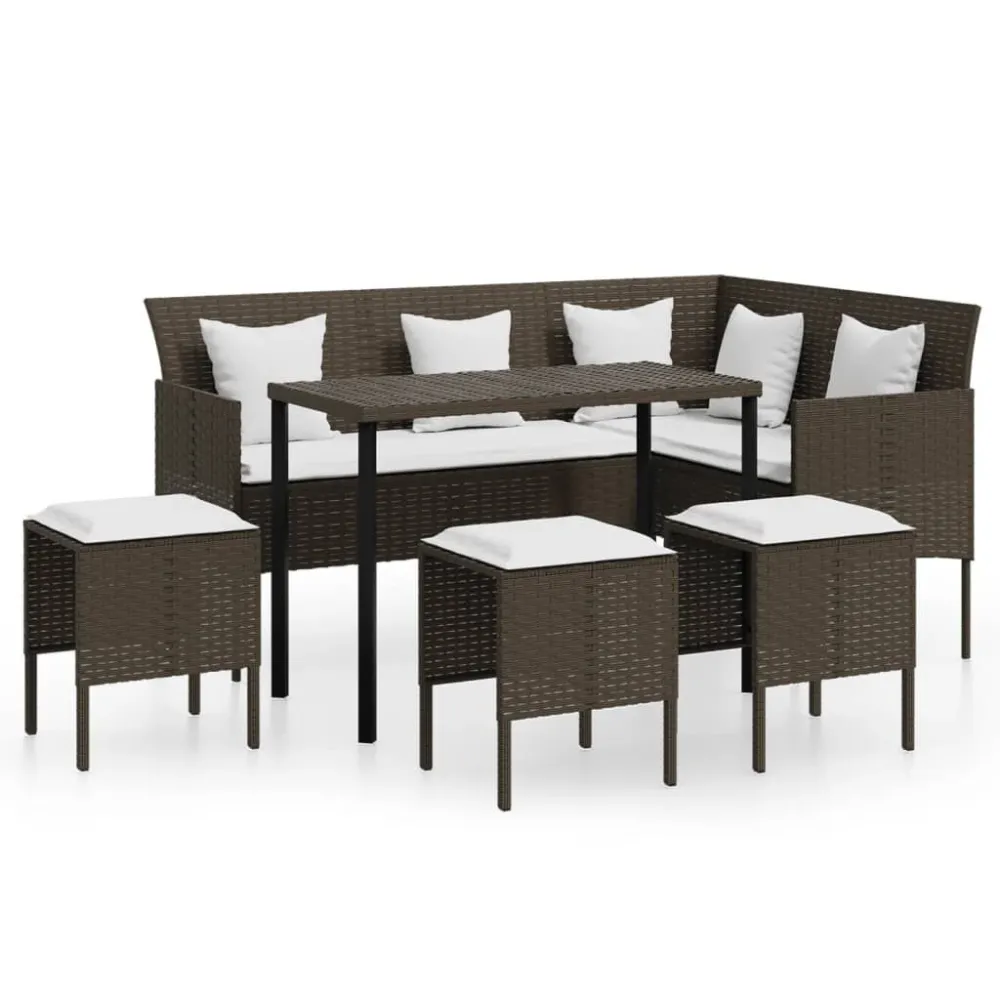 5 pcs conjunto sofás formato L com almofadões vime PE castanho Fácil de Guardar