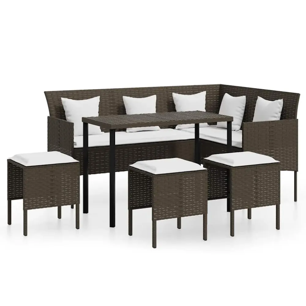 5 pcs conjunto sofás formato L com almofadões vime PE castanho | Montagem Fácil e Rápida