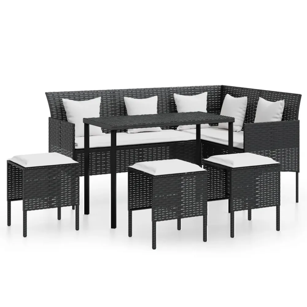 5 pcs conjunto sofás formato L com almofadões vime PE preto | Resistente à Chuva | Confortável