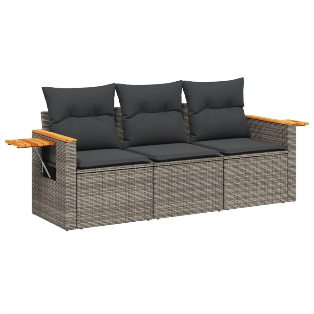3 pcs conjunto sofás de jardim com almofadões vime PE cinzento com Almofada Inclusa