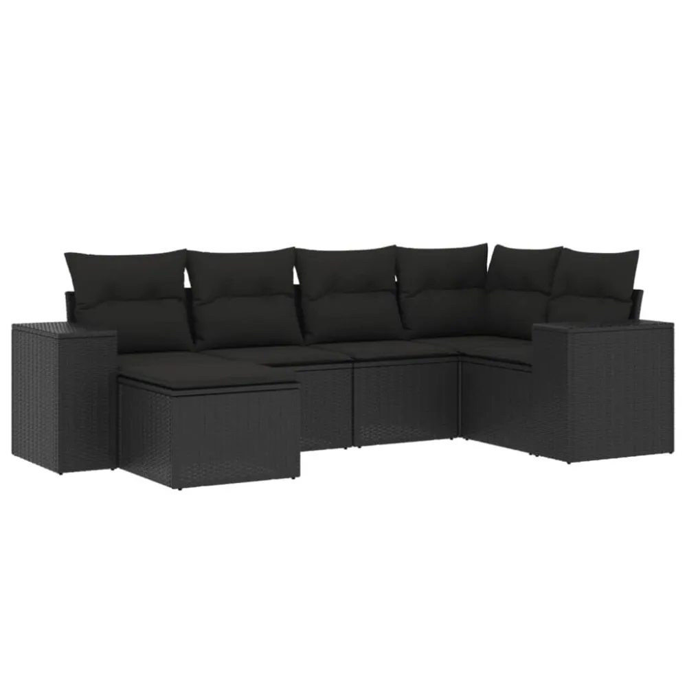 6 pcs conjunto sofás de jardim com almofadões vime PE preto Dobrável e Portátil